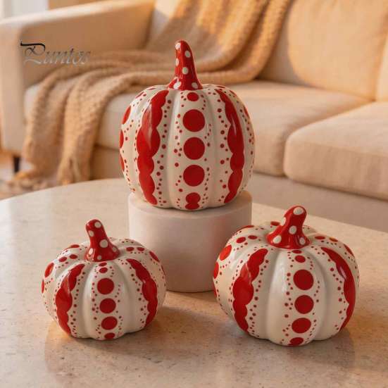 Rot-Weiß gepunktete Kürbisse Keramische Kürbisskulptur, Moderne Figur, Bauernhaus Sammlerstück Handwerk Geschenke Tischdekoration für Herbst, Halloween,