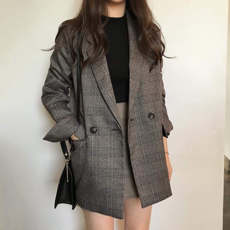 

Women s Retro Plaid Long-Sleeve Suit Jacket with Double Pockets