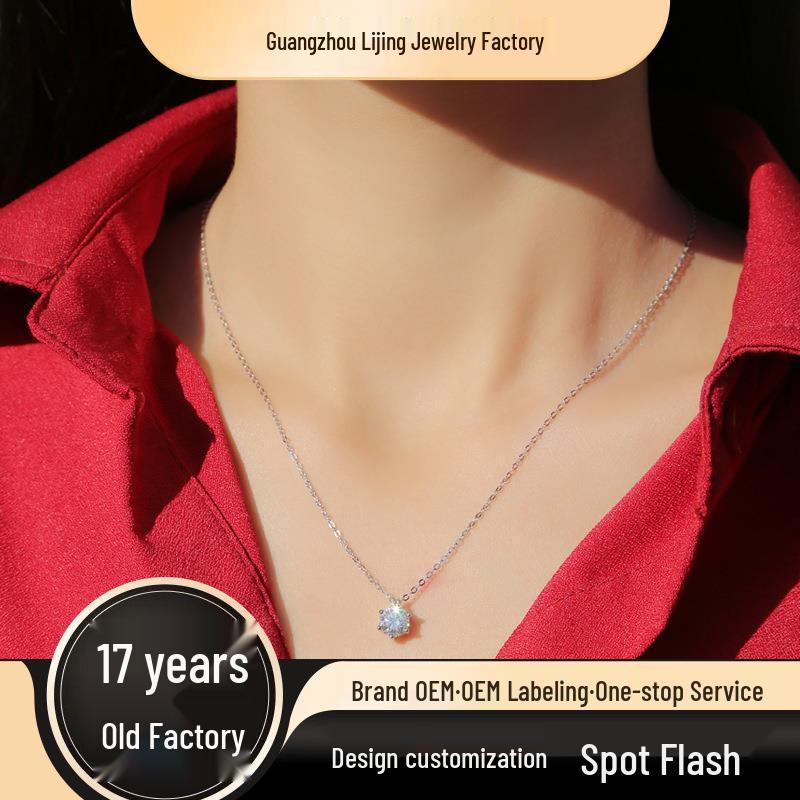 Elegantly Crafted Moissanite Six-Prong Pendant on 925 Silver Clavicle Necklace.