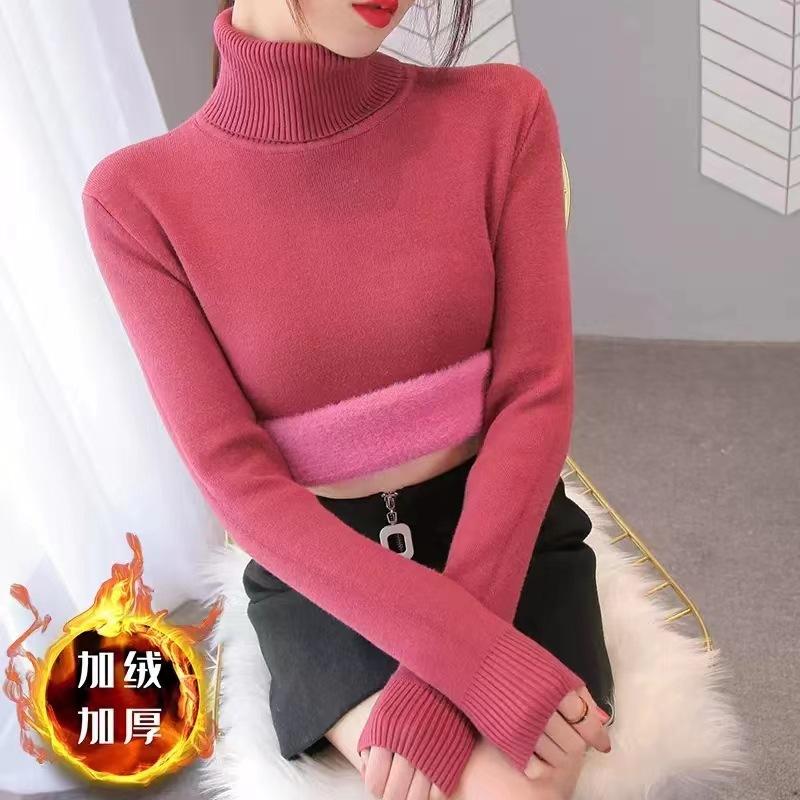 Autumn and Winter High-neck and Fleece Sweaters, Women's Thickened One-piece Velvet Knitwear, with a Slim Mink Bottom Thermal Top