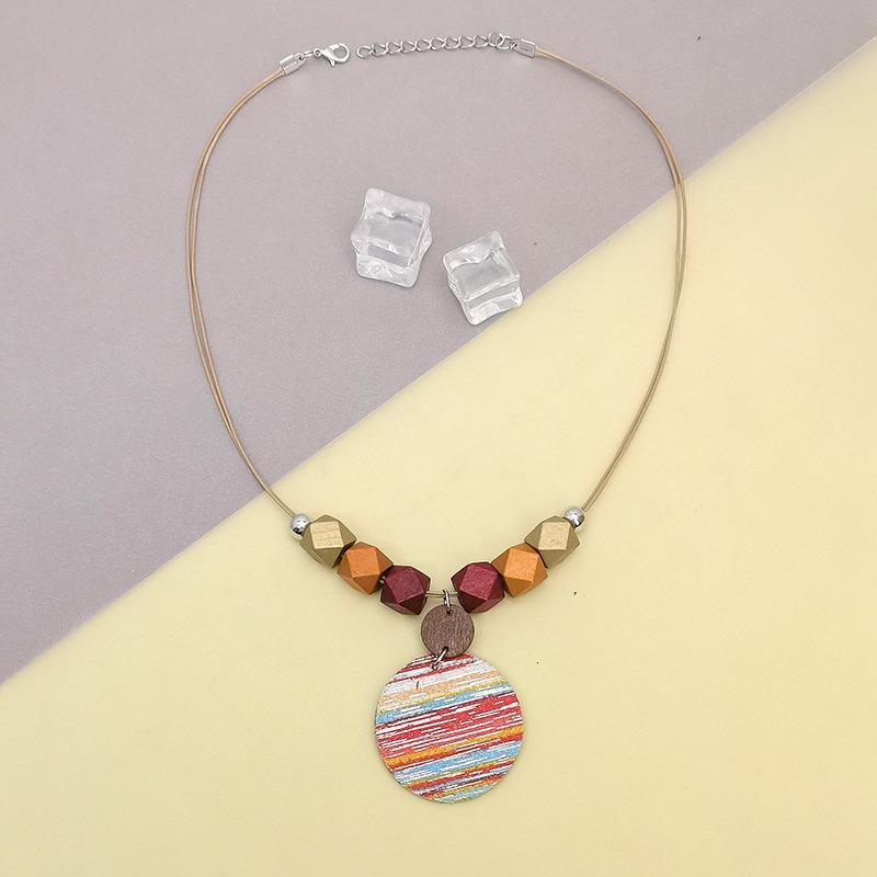 Ethnic Style Colorful Striped Necklace Round Leather Pendant Necklace Women's Fashionable Wooden Bead Necklace Bohemian Jewelry