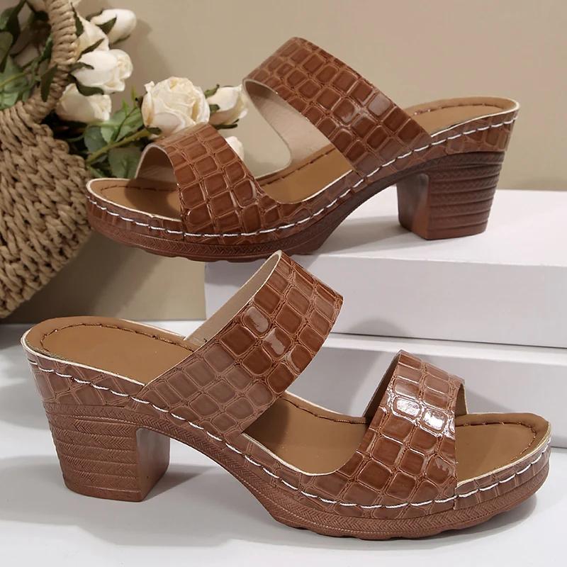 Fashion 2025 Pu Leather Chunky Heel Sandals Women Plus Size 36-43 Platform High Heels Slippers Woman Lightweight Open Toe Summer Sandles