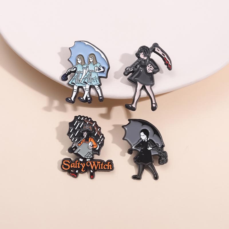 Horror Movie Enamel Pins Custom Salty Witch Girl Holding Umbrella Brooches Lapel Badges Punk Gothic Jewelry Gift for Friends