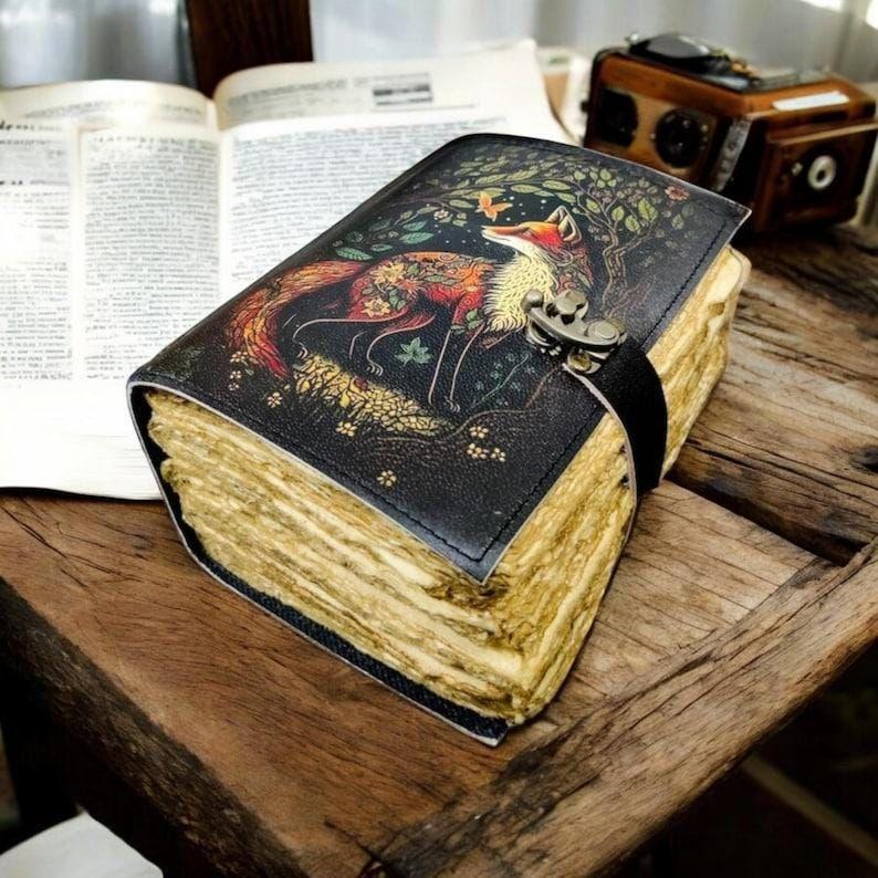 400 Page Large Fox Journal Vintage Handmade Leather Journal, Grimoire Fat Journal Blank Spell Book of Shadows Celestial Gifts For Him Her