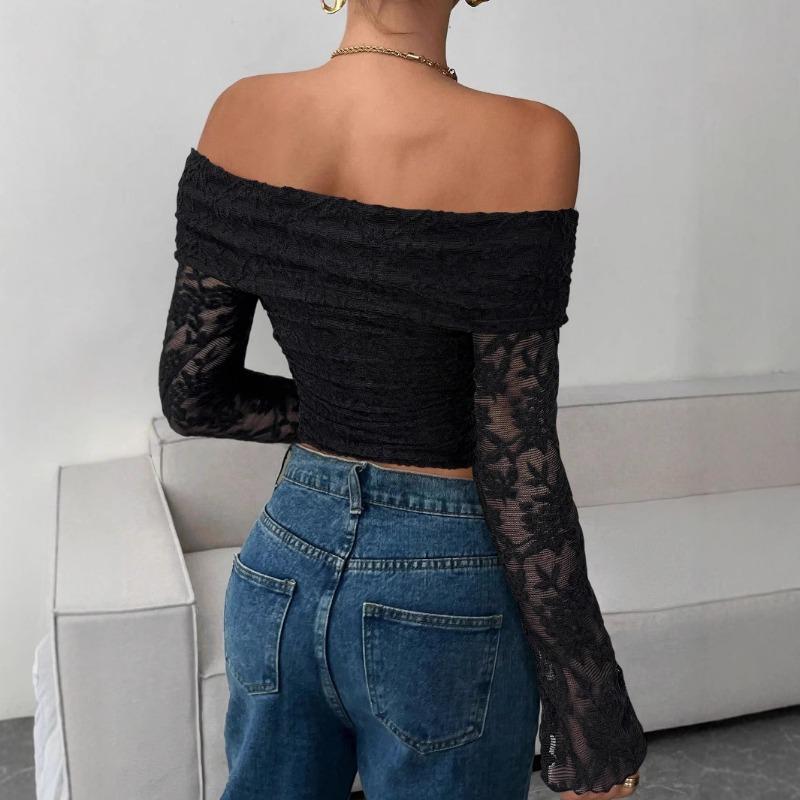 Off Shoulder Slim Fit Lace Crop Tops Fashion Spring Summer Solid Color Long Sleeve Blouse Hollow Out Sexy Short Shirt Streetwear Casual Sweet Clothing