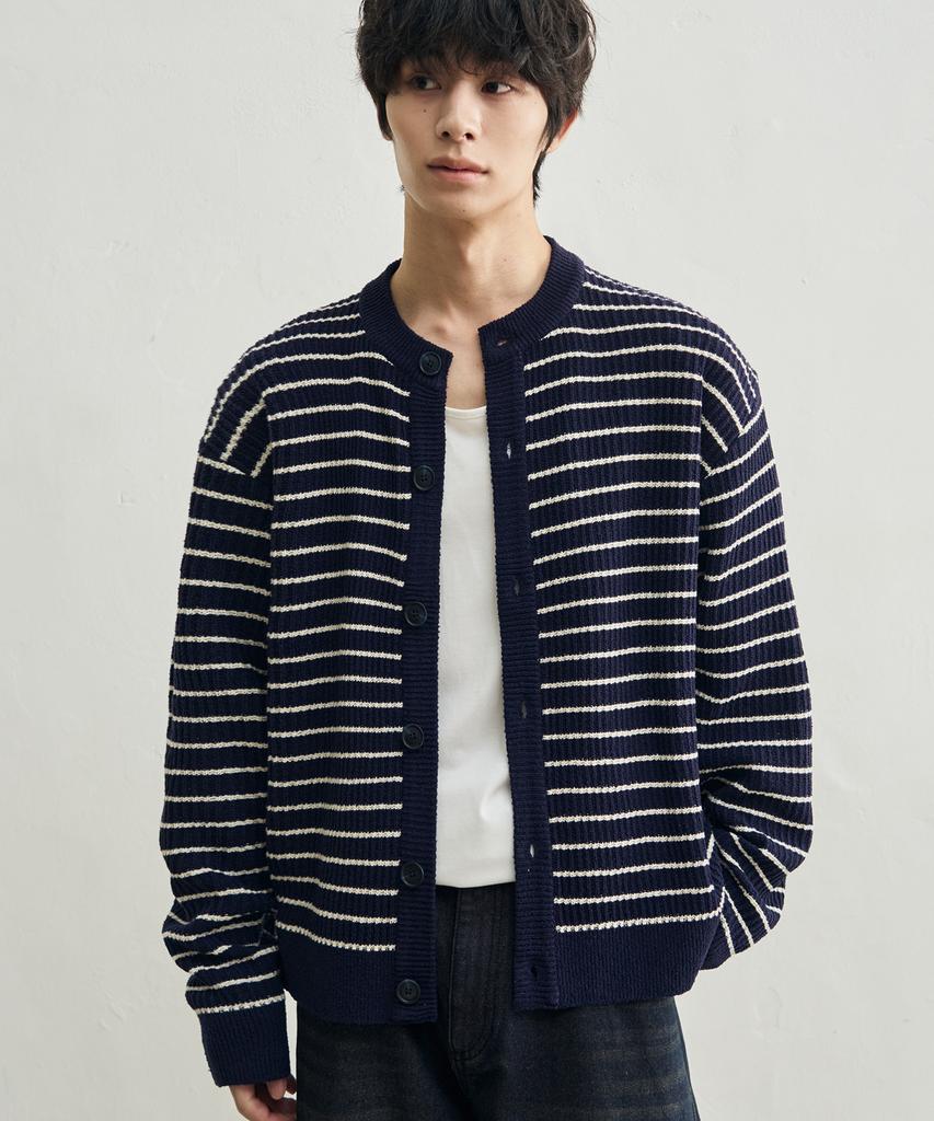 Rotember Low Stripe Crop Knit Cardigan [Navy]