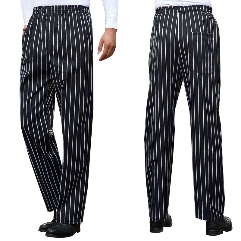 Men's Loose Straight-Leg Cotton Work Pants - Striped Kitchen Waiter Trousers