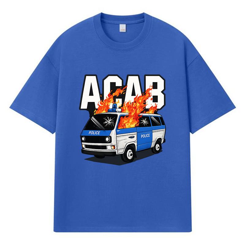 2026 Police Van With Fire Printed Graphic Y2k Harajuku Streetwear 100% Cotton T Shirt Casual Oversized Summer Men T-shirt