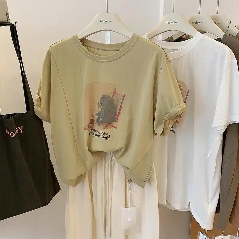 Women's Casual Abstract Figure Print T-Shirt Loose Fit Rolled Short Sleeve Crew Neck Summer Top