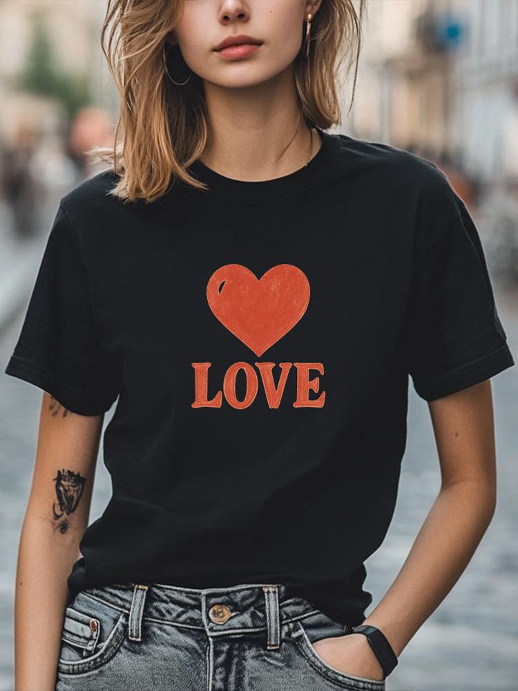 

Футболка с графическим принтом в виде сердца LOVE Винтажный стиль Красный принт на черной футболке Повседневная футболка Унисекс Футболка S