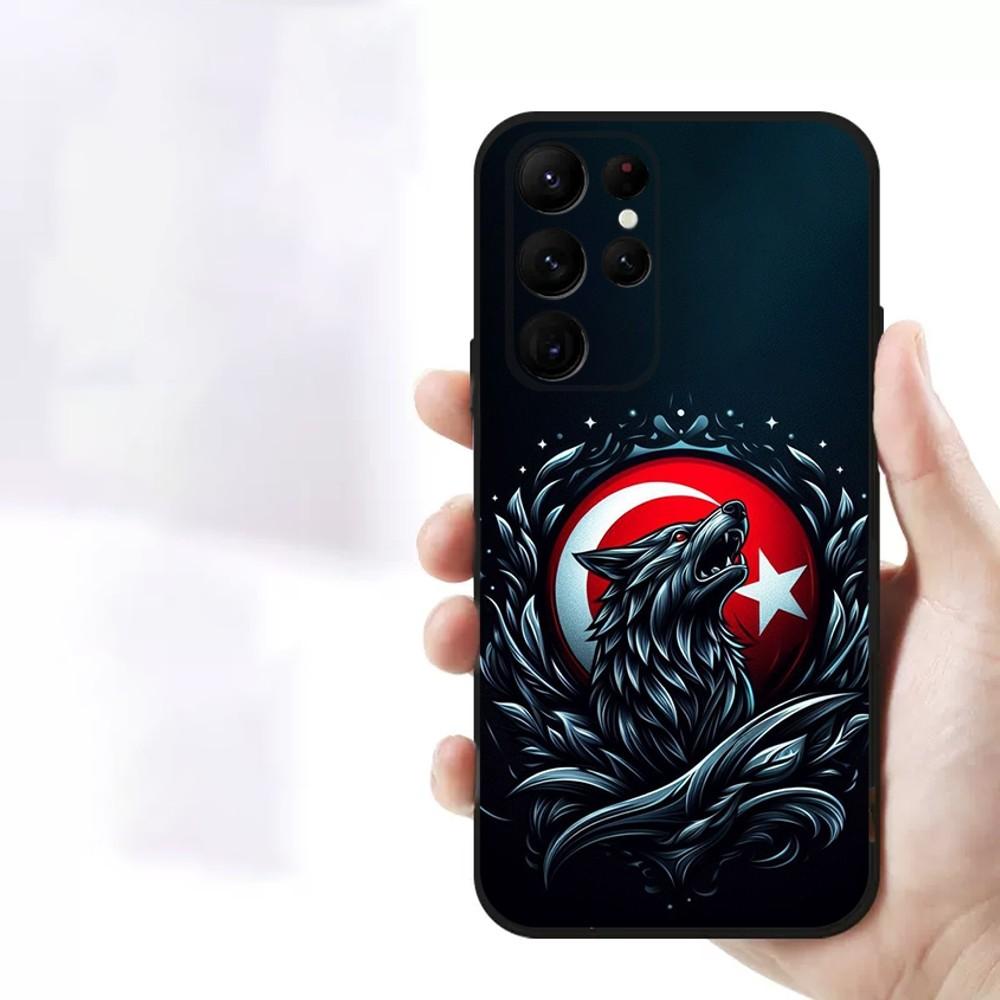 Turk Wolf Turkey Flag Phone Case For Samsung S23,23,22,30,21,10,9,Note20 Ultra,Lite,Ultra,5G,Plus,FE,Black Soft Case