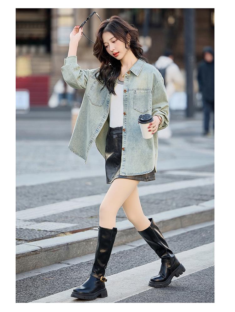 Women's Spring 2025 Loose Fit Denim Jacket - Long Sleeve Casual Korean Style Y2509