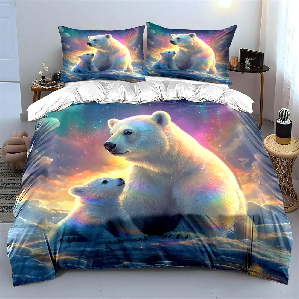 3pcs Polar bear mother and cub under aurora Print Bedding Set 1 Duvet Cover 2 Pillowcases for Adult and Children Luxury Gift