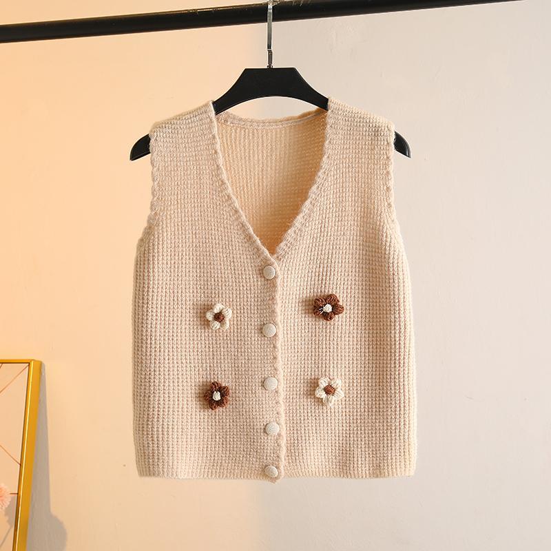 Handgefertigte gestrickte Weste mit Blumenapplikationen, modischer V-Ausschnitt, ärmellose kurze Strickjacke für Frühling und Herbst