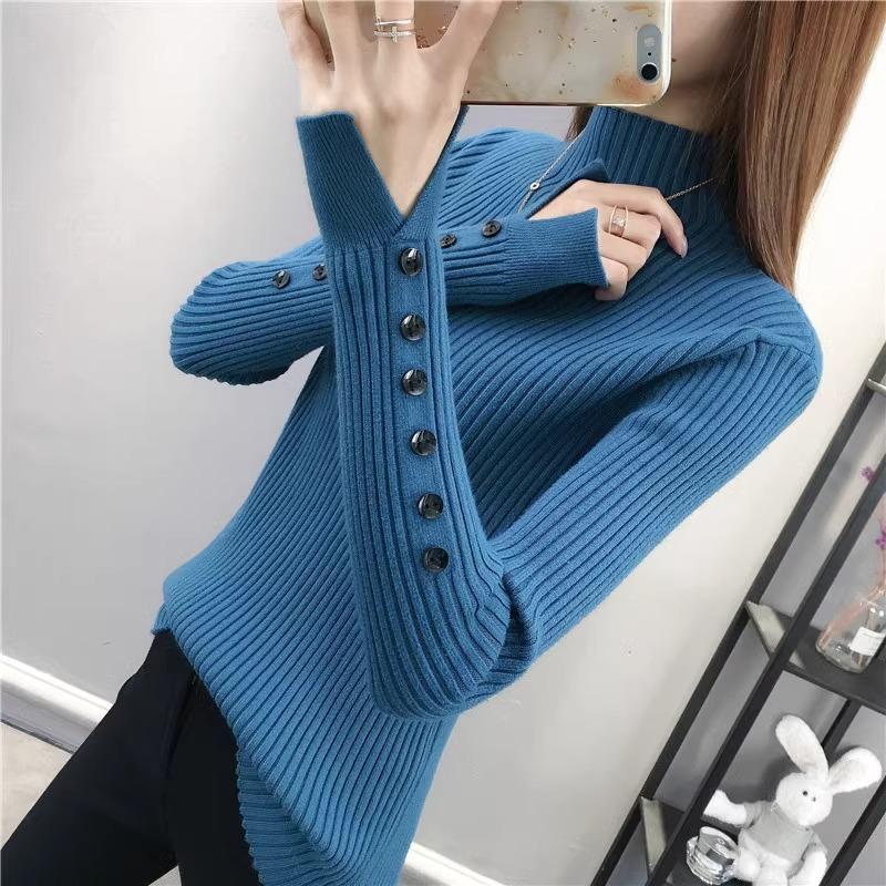 Half High Neck Sweater for Women Autumn and Winter Thick Slim Pullover Sweater Button Slit Sleeve Top Knitted Sweater for Women