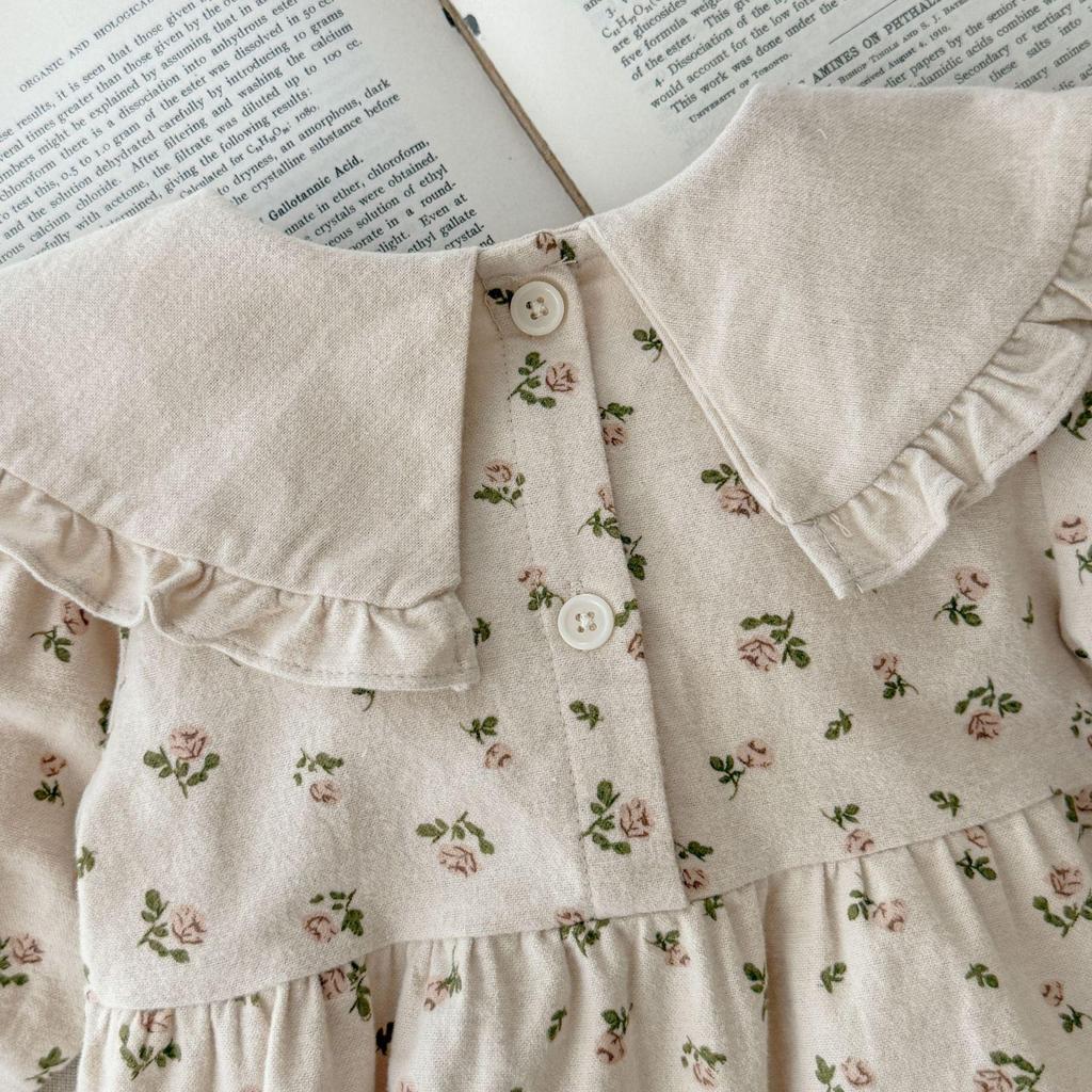 Korean Style Floral Long Sleeve Princess Dress & Baby Romper Set for Girls