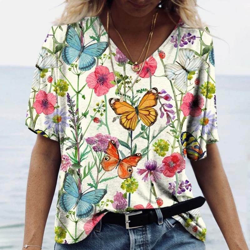 Butterfly Floral Graphic 3D Print T-Shirts Women's Y2k Tops Tees V Neck Female Harajuku T Shirt Woman Oversized Casual Clothes