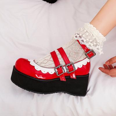 Platforms Shoes Goth for Women Mary Jane Ankle Strap Ruffle Punk Girls Patent Leather Lolita Shoes Chunky Thick Heel