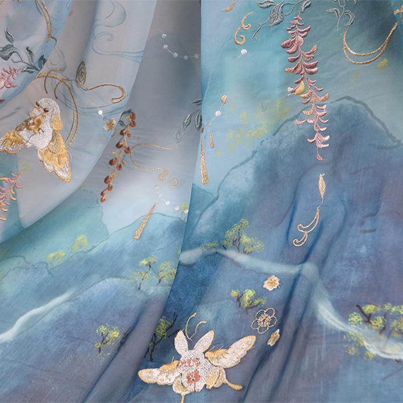 1/3/5M starożytny styl gradientowy Hanfu tkanina króliczek glicynia drukowany szyfon haft tkanina do szycia diy kostium Hanfu sukienka