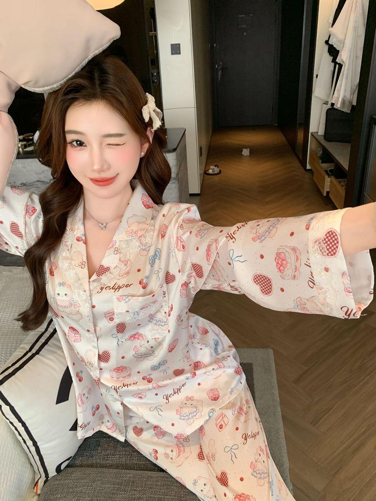 2026 Ice Silk Women's Pajamas - Cute Cartoon Long Sleeve, Lightweight Cardigan for Home & Outdoor Wear