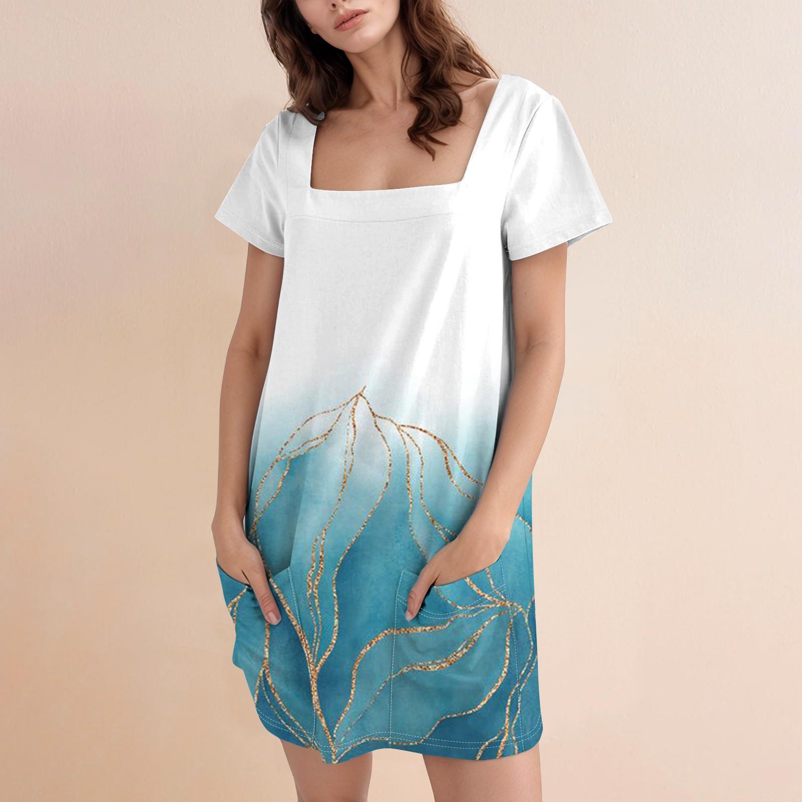 

Women s Square Collar Short Sleeve Fashion Skirt Floral Print Pocket Casual Dress XL білий