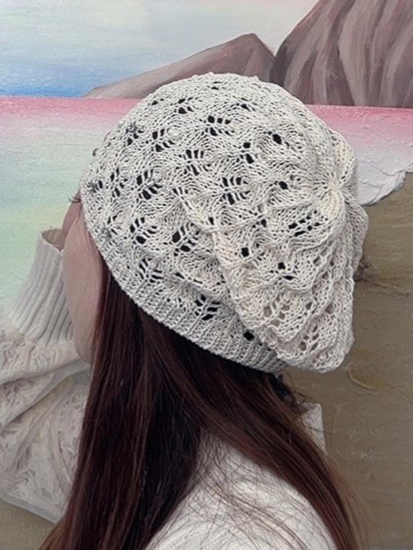 

Весна-лето Новые вязаные шапки для женщин Жемчуг Hollowed Elastic Casual Beanies One Size бежевый