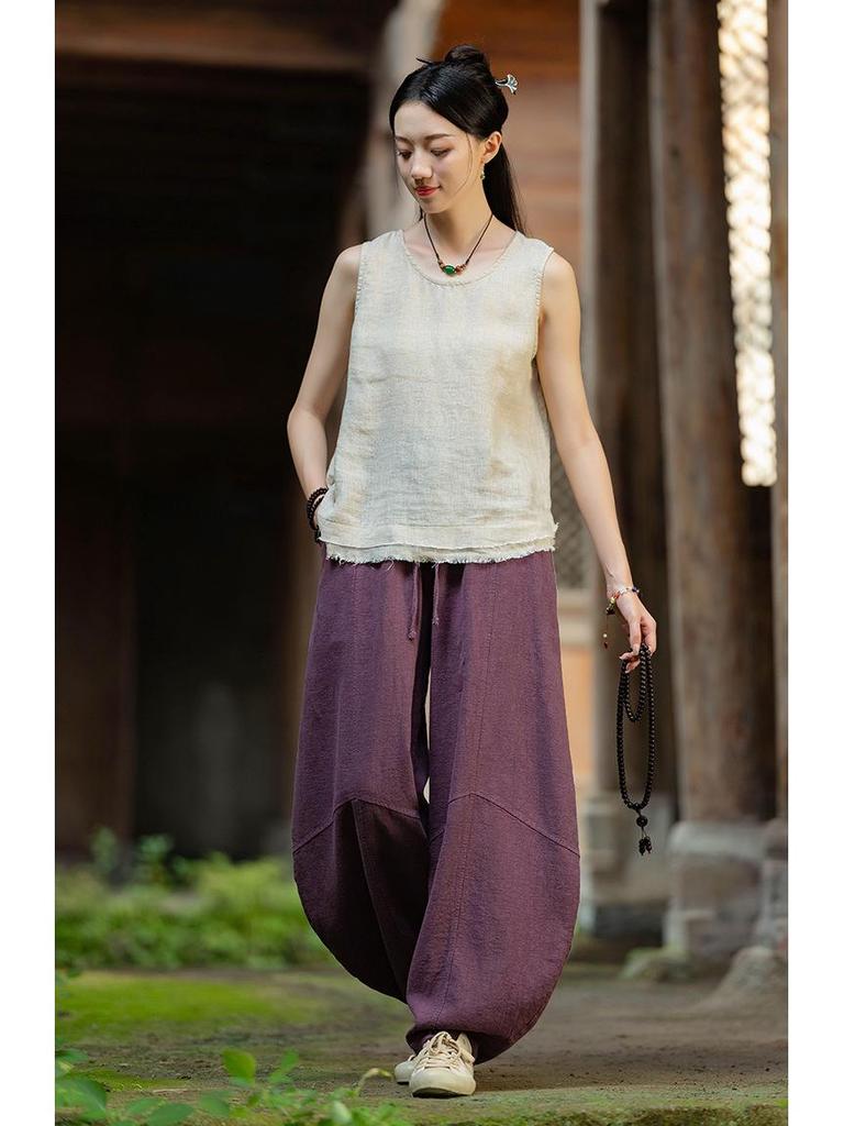 Women's Spring Retro Zen Loose Ramie Cotton Linen Harem Pants for Kung Fu Meditation