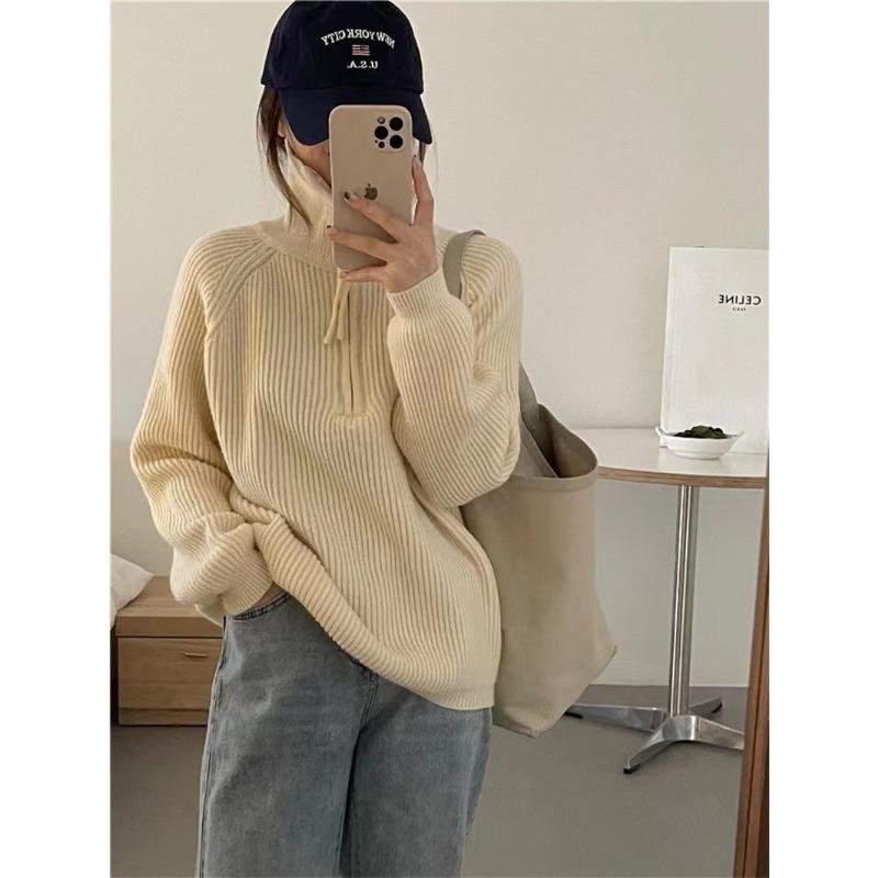 Autumn Winter Stand Collar Loose Casual Zipper Pullover Sweater Women Solid Color All-match Bottomed Knitting Top
