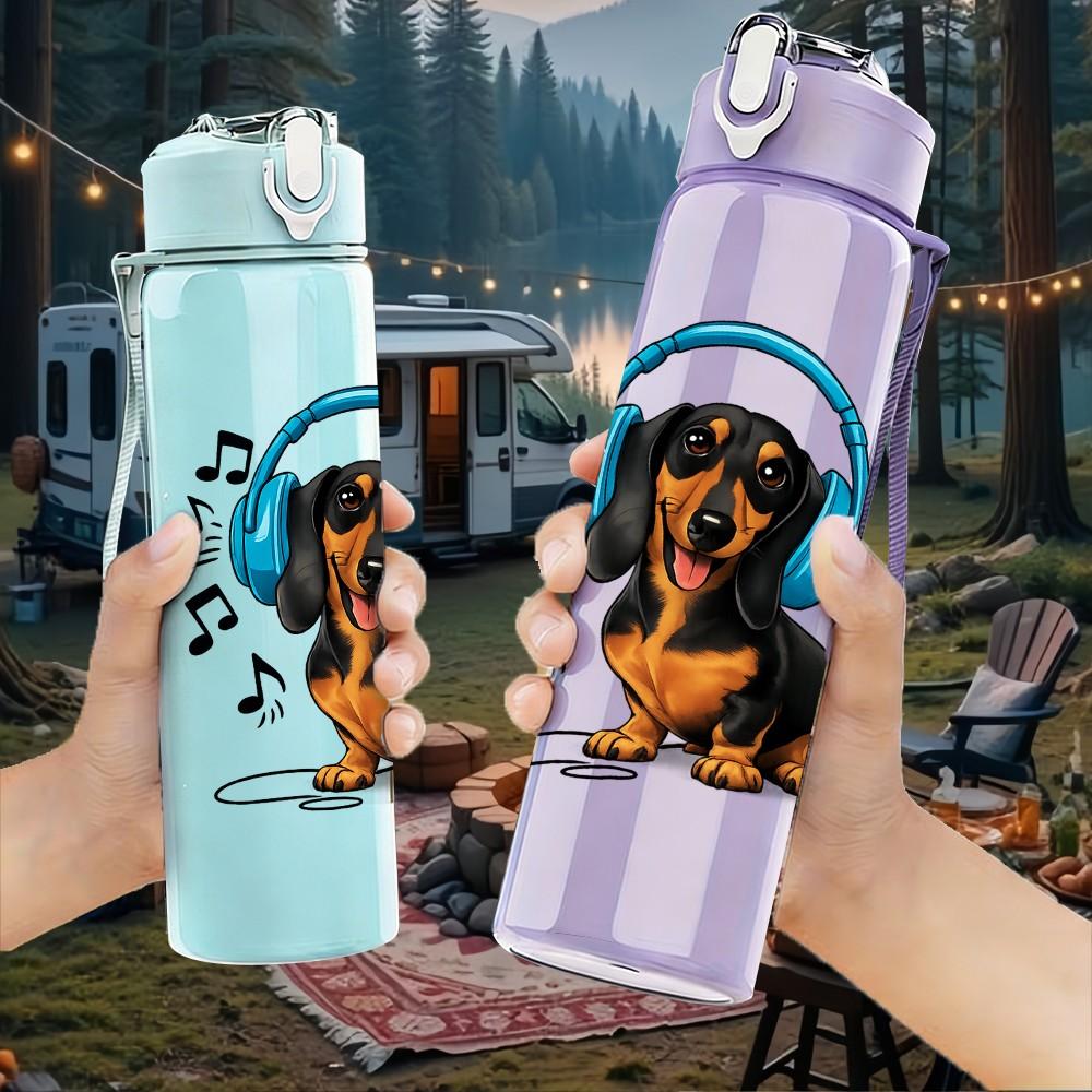 1PC Dog With Headphones Music Print 750ml Color Plastic Sports Water Bottle Leakproof Flip Straw Lid Suitable for Sports Office Home Use
