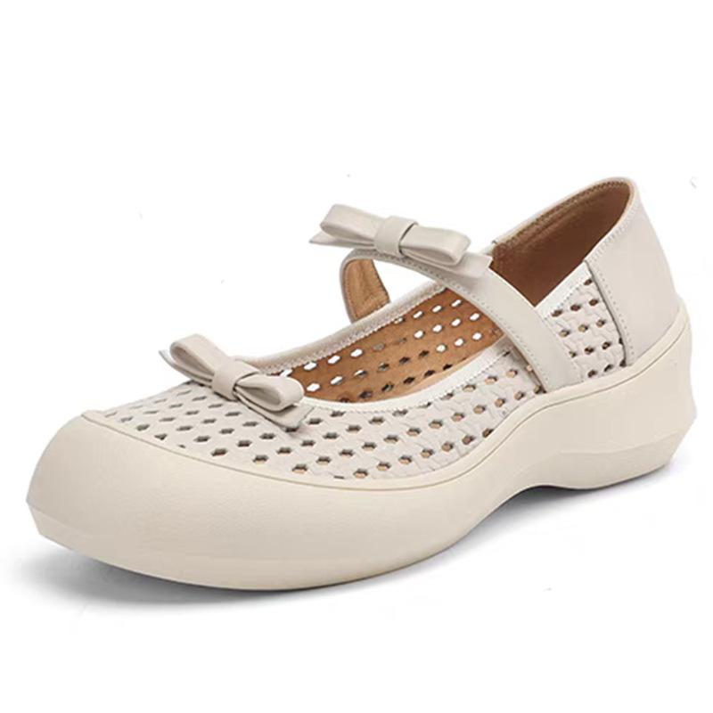 French retro style fashion women's commuting word with round head platform casual shoes shallow mouth single shoes hollow hole sandals