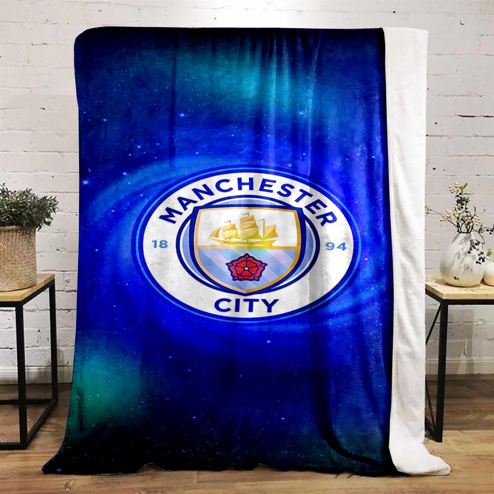 Manchester City Logo on Blue Galaxy Background Flannel blanket for bedroom, living room, sofa, and nap sofas.