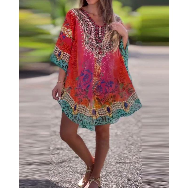 Women's Spring Fashion V-neck National Style Print Loose Smock Dress