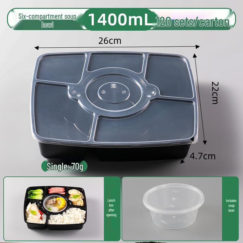 Disposable Six-Compartment Lunch Box Set with Soup Bowl