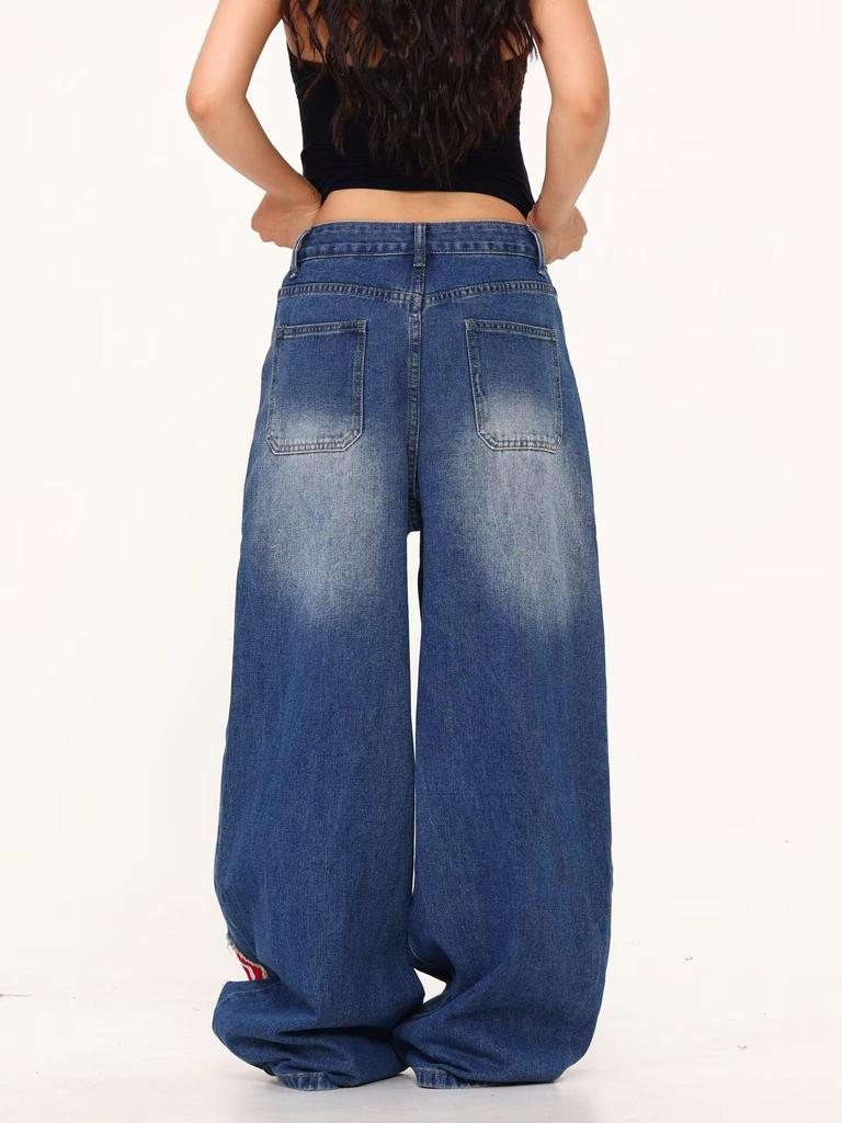Unisex Retro Patchwork Ripped Wide-Leg Jeans