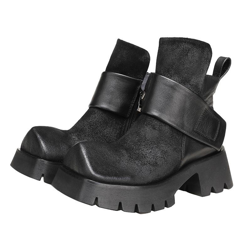 Johnature Genuine Leather Square Toe Short Boots Retro Thick Sole Thick Heels Women's Shoes