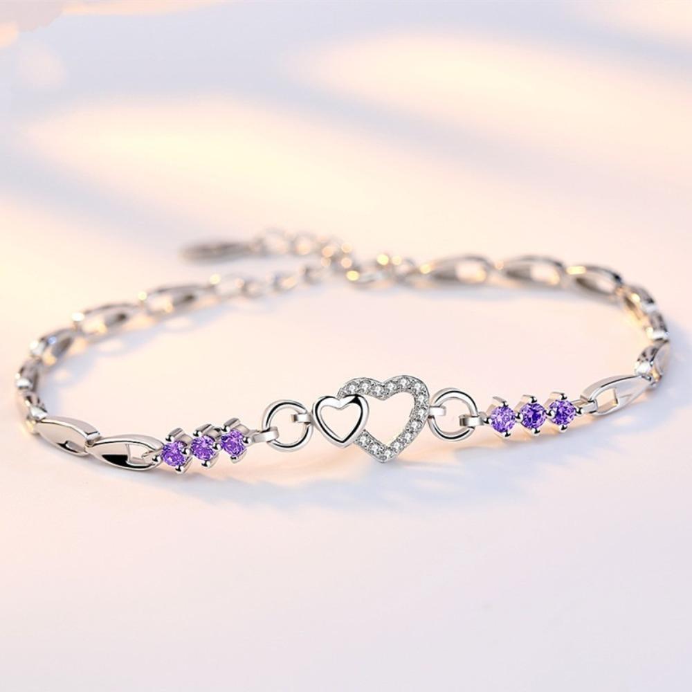 925 Silver Plated Amethyst Bracelet Creative Heart Shape Diamond Inlaid Jewelry for Women