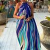 Summer new women's fashion print neck bohemian medium and long beach dress