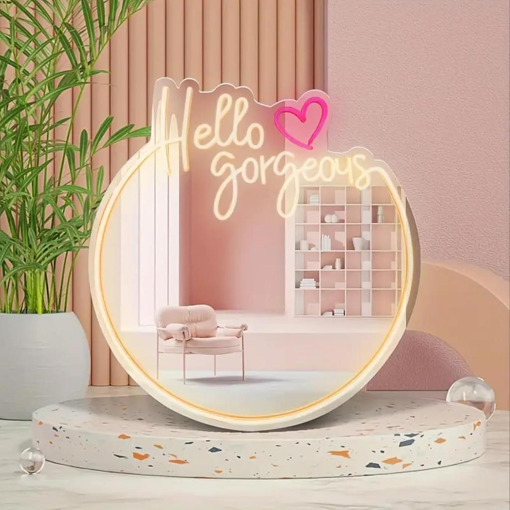 Hello Gorgeous Neon Sign for Wall Decor USB Powered LED Neon Light Mirror Sign with Adjustable Brightness Light Up Sign for Bedroom Girls Rooms