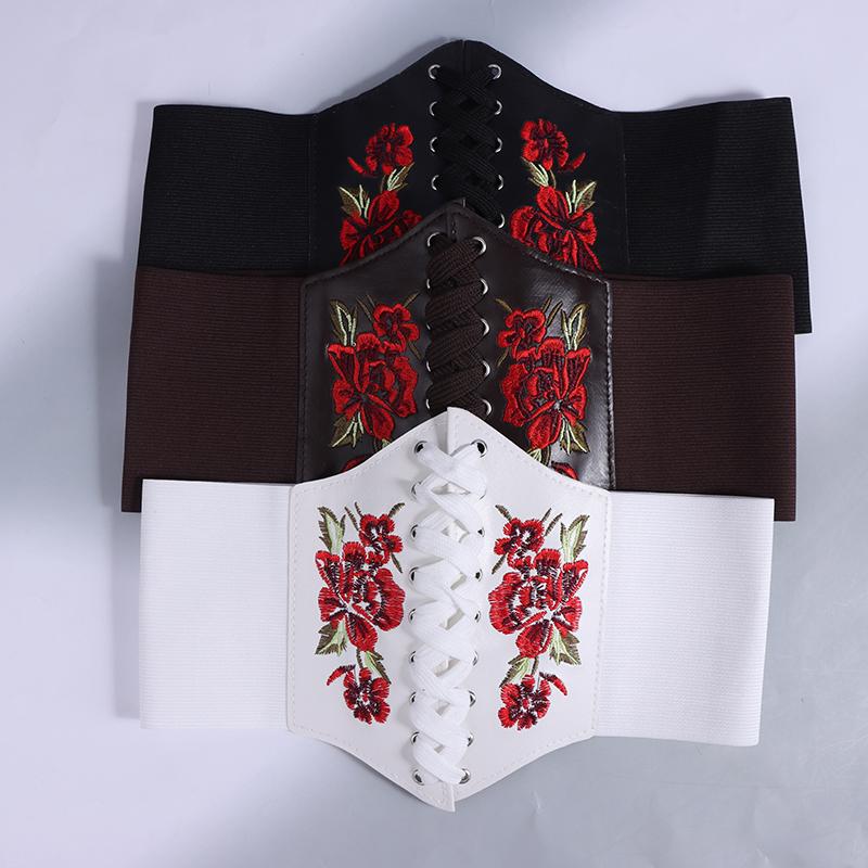 Women'S Corset Belt Gothic Fashion Pu Flower Embroidery Cummerbunds Female Slimming Waist Band Vintage Black Wide Belt For Girl