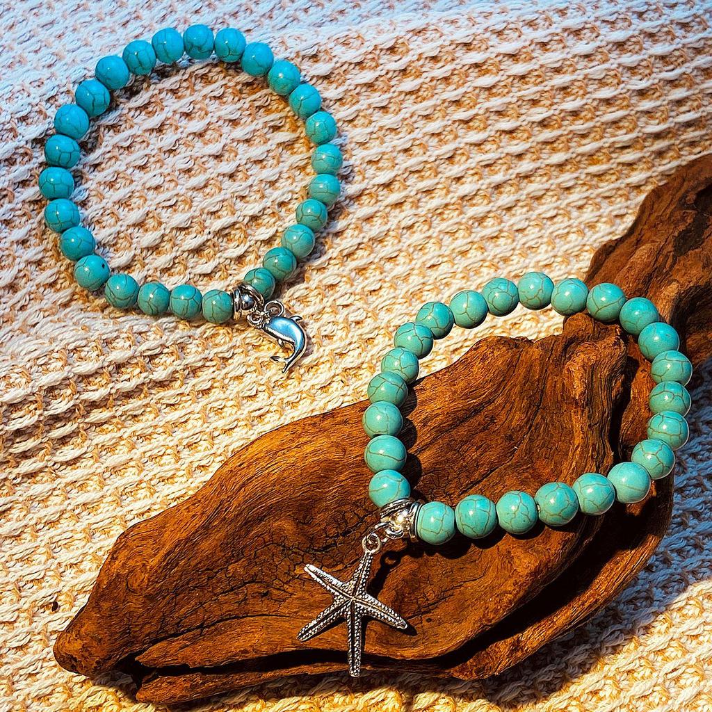 Bohemian Turquoise Ethnic Bracelet with Cross, Starfish, and Turtle Charms