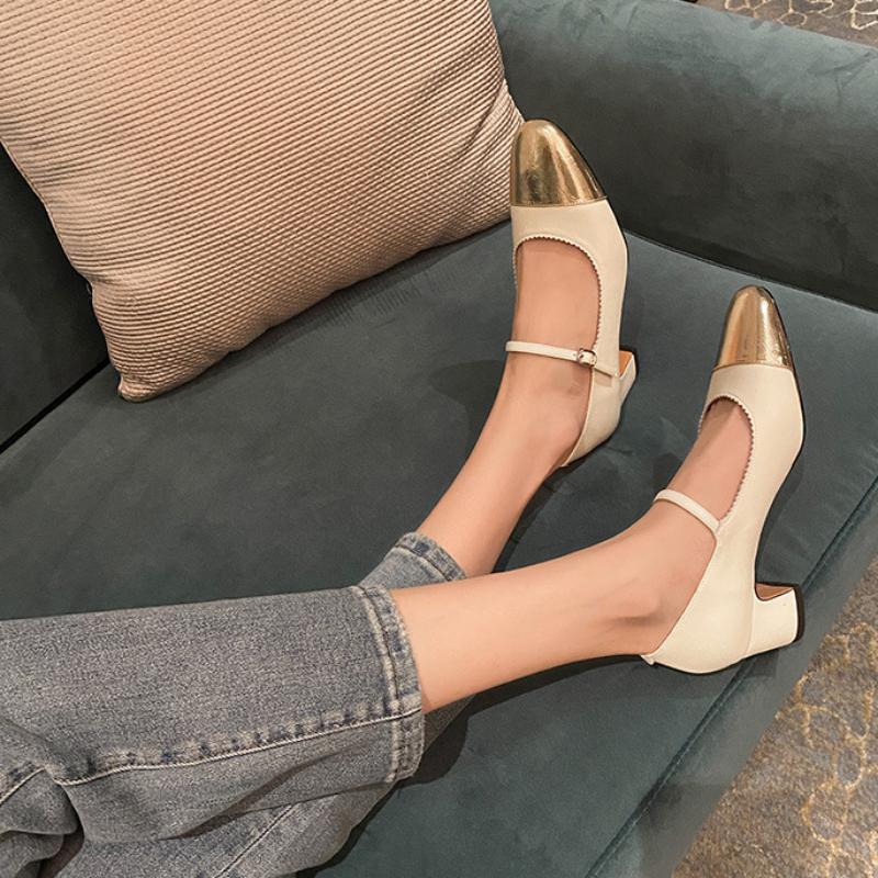 Retro Dermis Heels Women Thick Heel Mary Jane 2024 New Casual Simple All-match Dance Pointed Single Shoe Female Autumntime