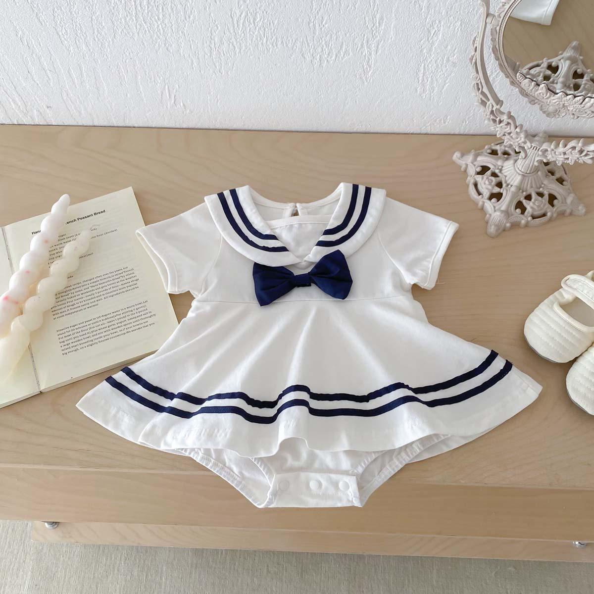 

2024 милая летняя одежда для маленьких девочек, хлопковое цельное платье в темно-синем стиле с лацканами, одежда для младенцев 66