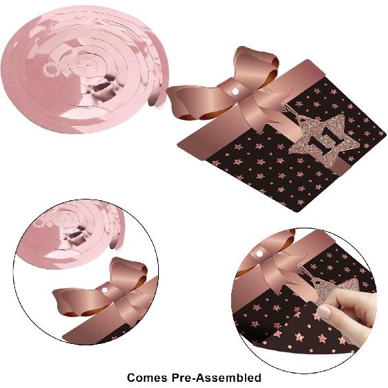BRT Bearingshui Happy 11th Birthday Hanging Swirls Streams Ceiling Decorations, Celebration 11 Foil Hanging Swirls with Cutouts for 11 Years Old Rose