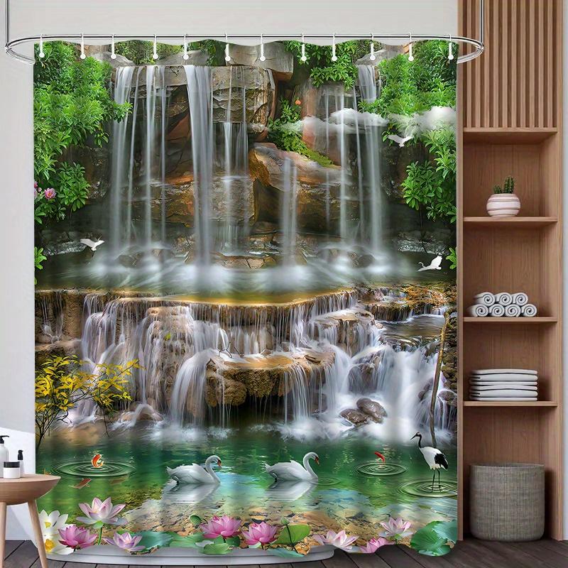 Waterfall Swan Lotus Shower Curtain Nature Landscape Art Bathroom Decor Zen Garden Bath Curtains For Modern Home Interior