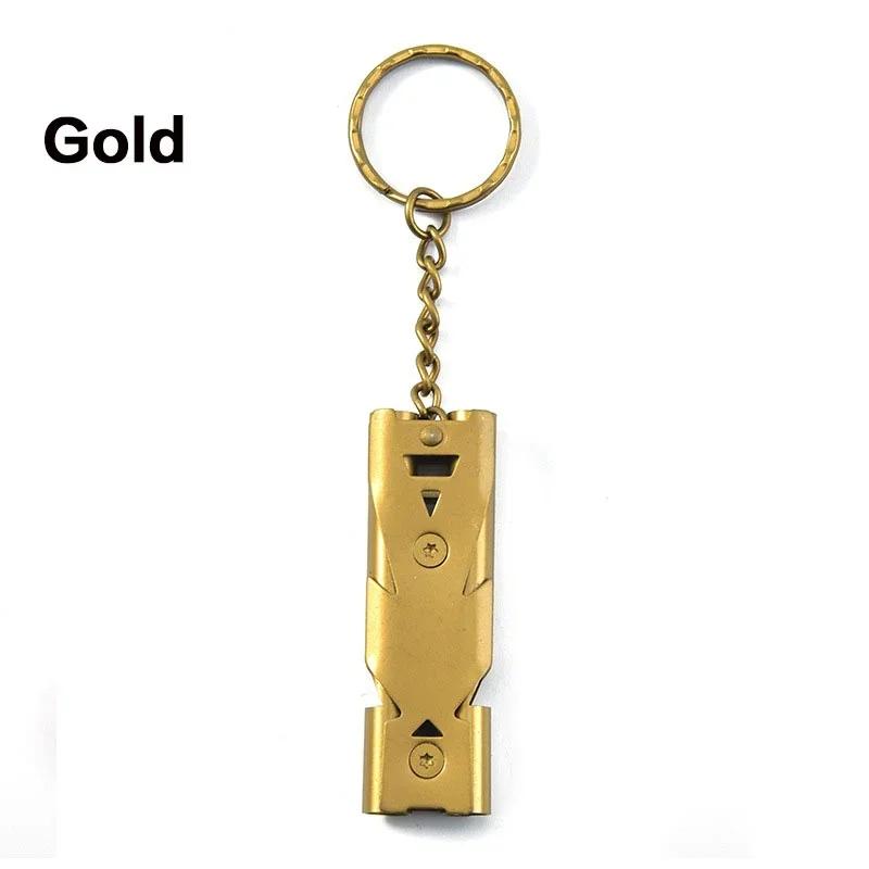 

High Decibel Double Pipe Survival Whistle Stainless Steel Alloy Keychain Emergency Multi Tool Outdoor EDC золотий