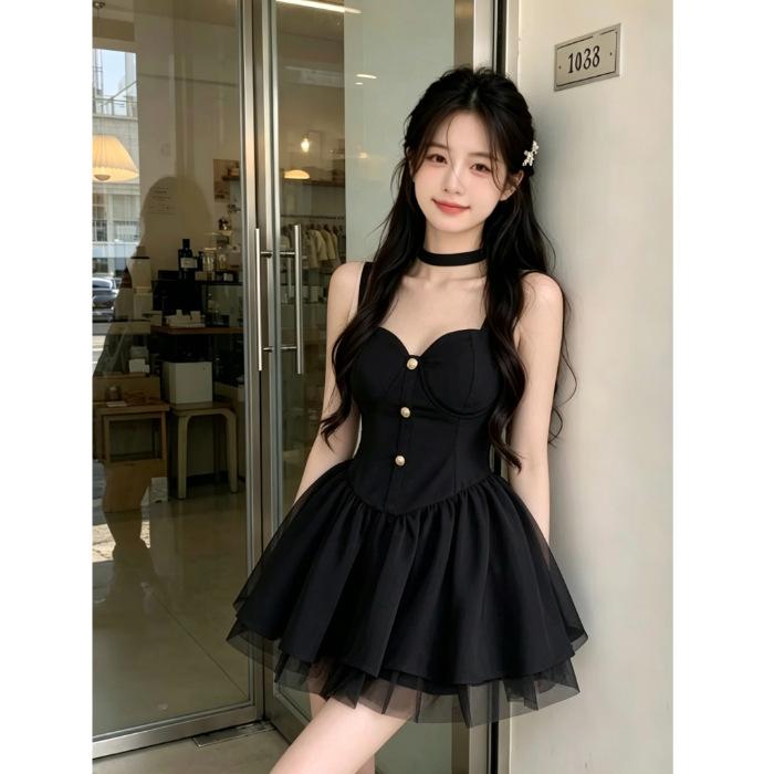 French Coffee Break Suspender Fluffy Princess Dress Summer New Temperament Slim and Thin Black Sexy Dress Women's Clothing