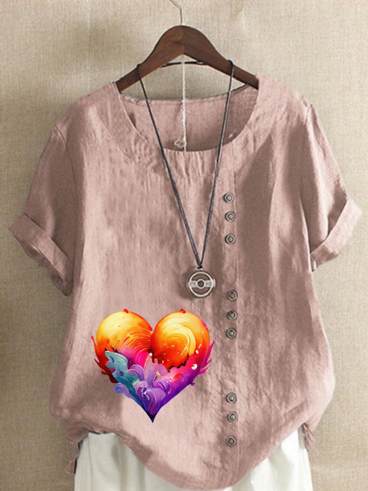 Women's Fashion Flame Love Print Round Neck Short Sleeve T-shirt Summer Casual Cotton Linen Graphic Shirt Leisure Loose Blouse Tops
