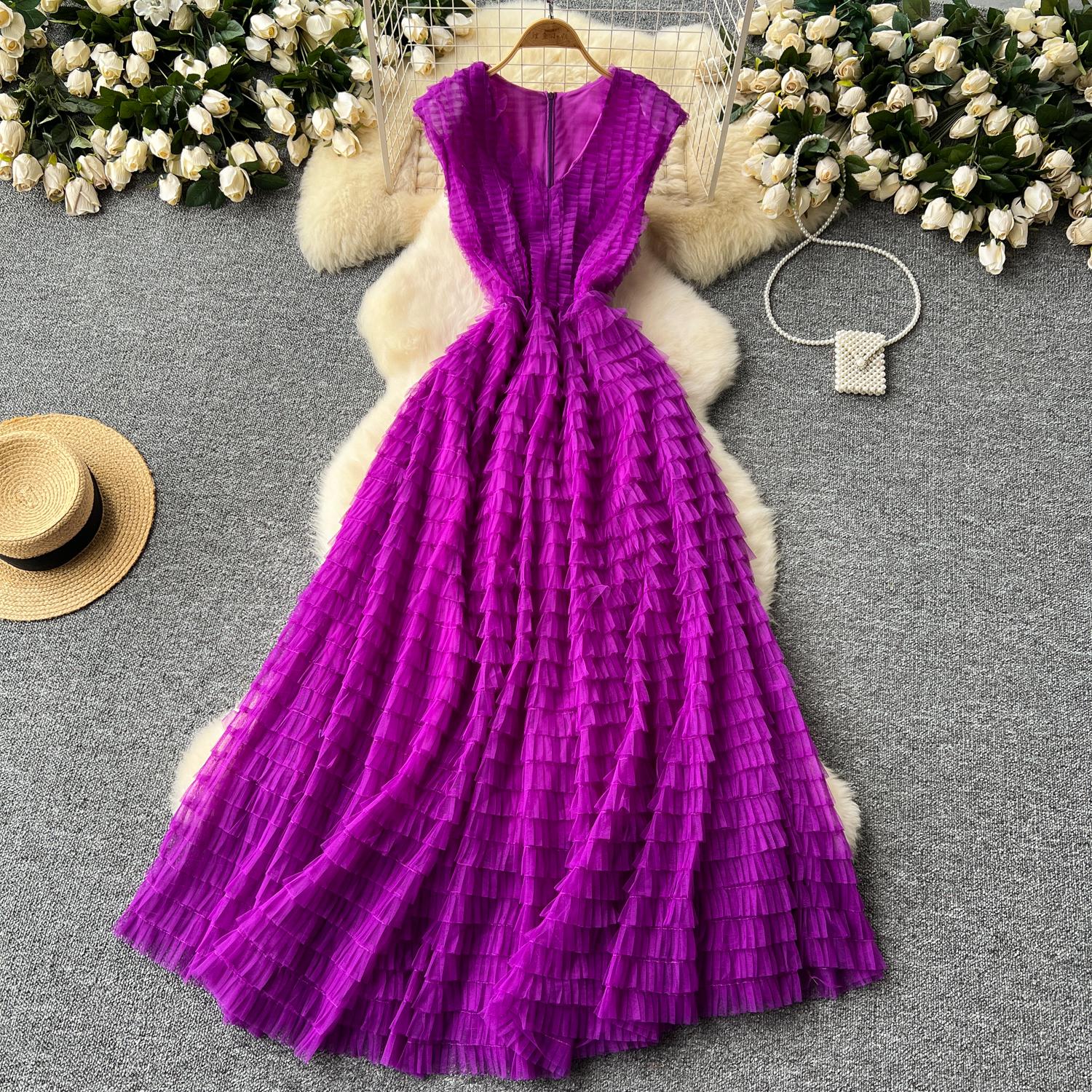 

Винтажное V-образное вырезное без рукавов плиссированное сетчатое элегантное платье-комбинация А-силуэта с высокой талией для отпуска, летние женские платья Vestidos One Size фиолетовый