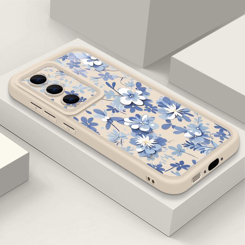 Blue and White Flowers Case For Samsung Galaxy A57 A37 A17 A56 A36 A26 A16 5G A55 A35 A15 A54 S21 FE S22 S23 S24 Plus S25 Edge S26 Ultra Cover