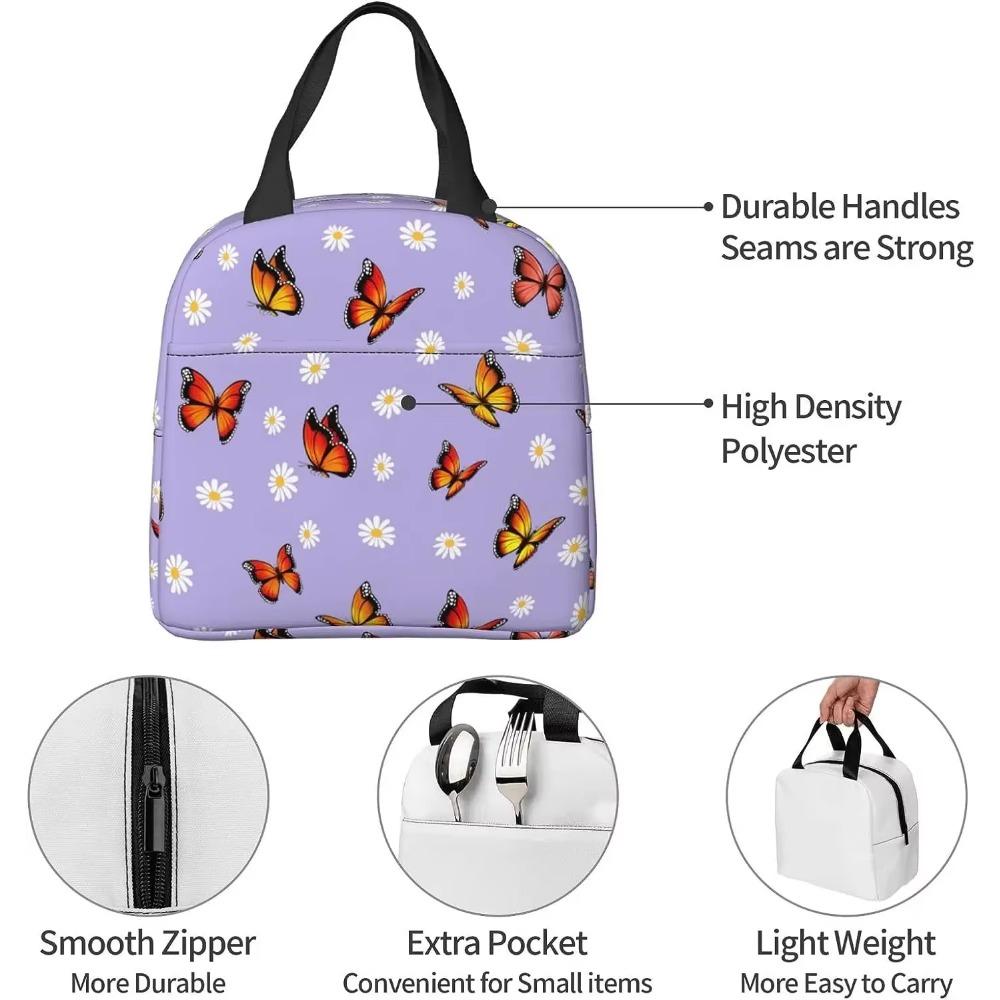 Butterflies Daisy Insulated Purple Lunch Bags for Women with Pocket Reusable Thermal Lunch Bag for Work Picnic Beach